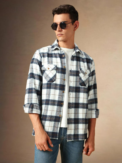 Dennis Lingo Men Flannel Check Pure Cotton Relaxed Fit Full Sleeves Shirts White