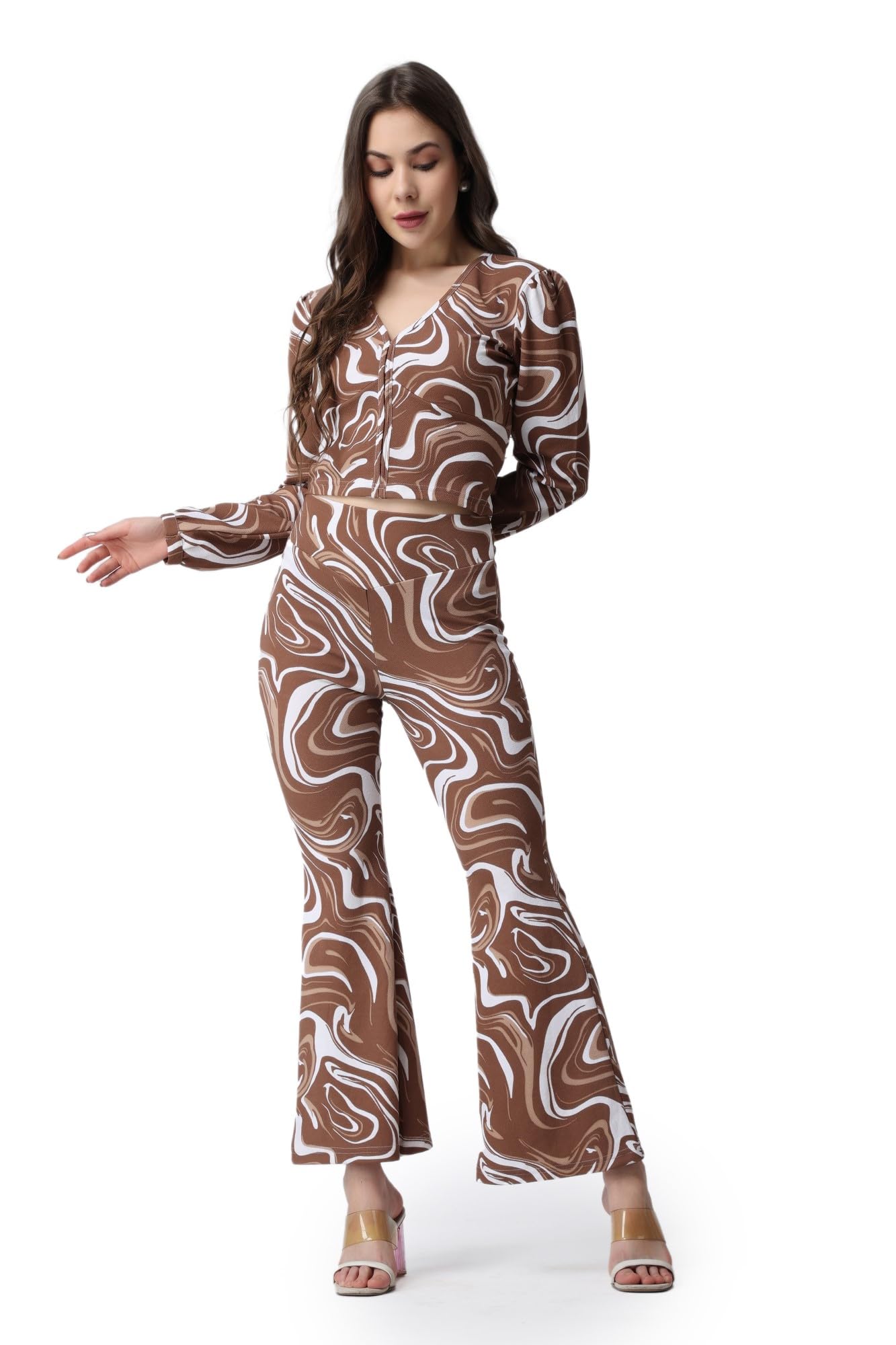 POPWINGS Casual Brown Marble Printed Crop Top and Trouser Set for Women | Co-Ords Set for Women Stylish Western | Full Sleeves V