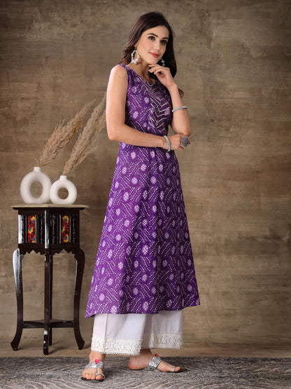 Stylum Women's Bandhej Printed Cotton Flared Kurta (PURPLESANVI_Purple)