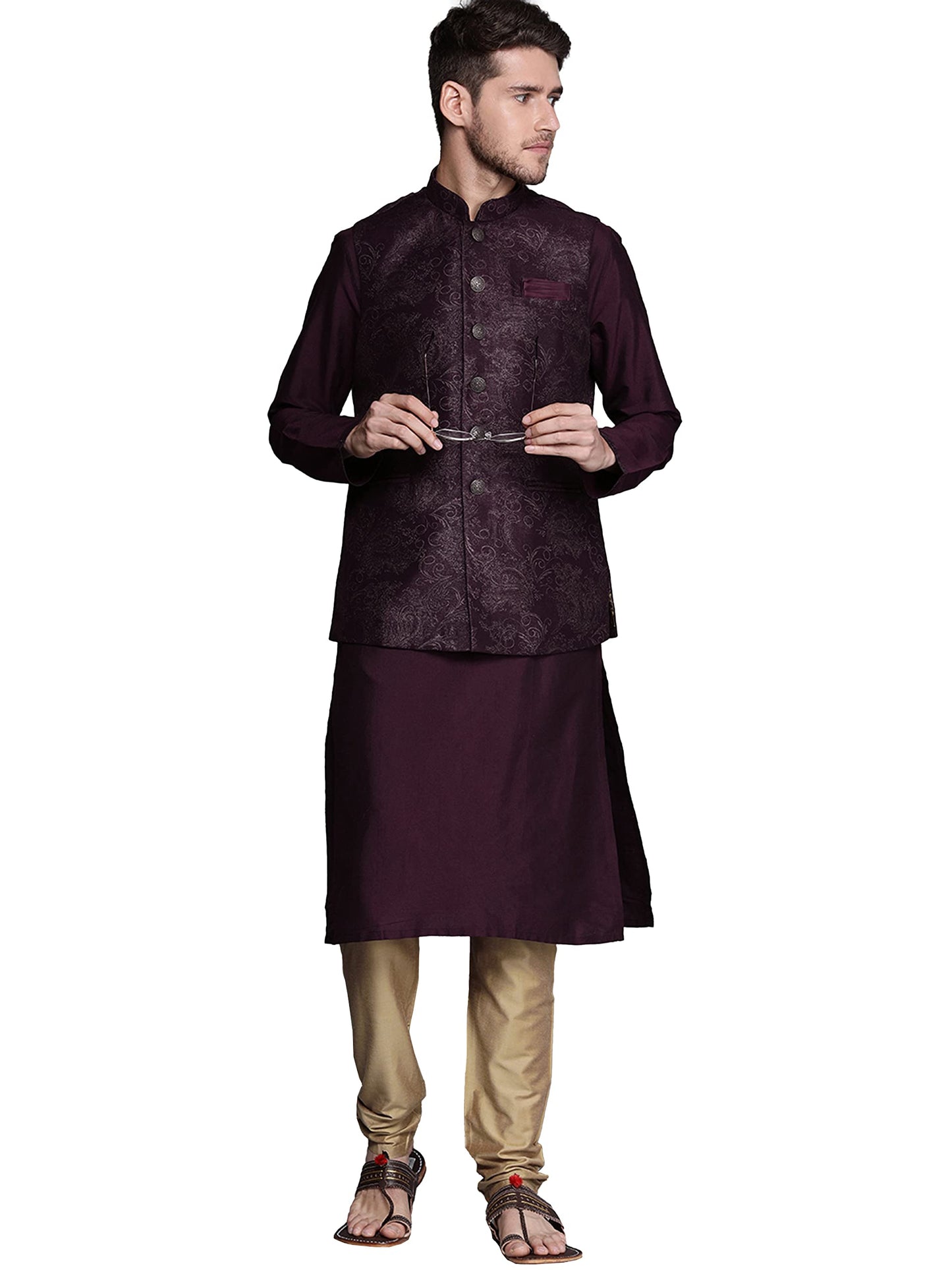 Manyavar Kurta Jacket Set For Men, Full Sleeves Mandarin Collar Ethnic Wear Jacket Set For Festival, Wedding, Party Blended Visc