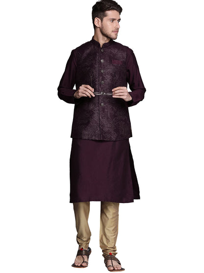 Manyavar Kurta Jacket Set For Men, Full Sleeves Mandarin Collar Ethnic Wear Jacket Set For Festival, Wedding, Party Blended Visc