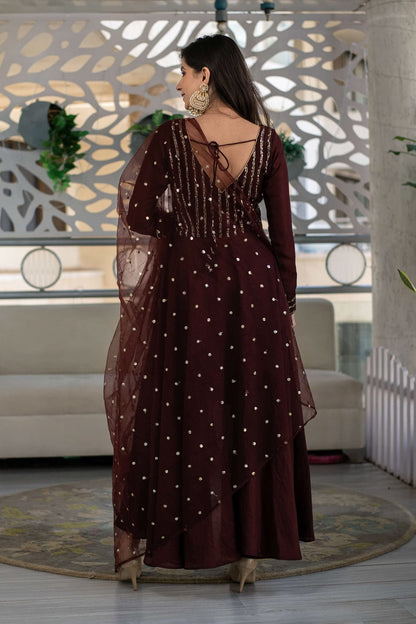 Fashion Basket Women'S Crape Brown Anarkali Kurta And Pant With Dupatta Set