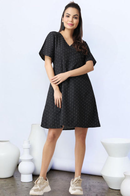 Popwi1Ngs Casual Printed V-Neck Short Sleeves Knee-Length Fit And Flare Dress For Women || Frokc-Style Summer Wear Dresses For W