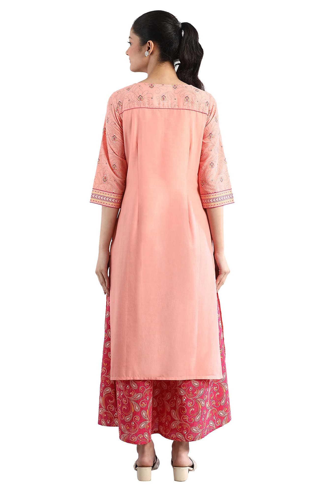 Aurelia Womens Peach Floral Printed Printed Cotton Regular Kurta