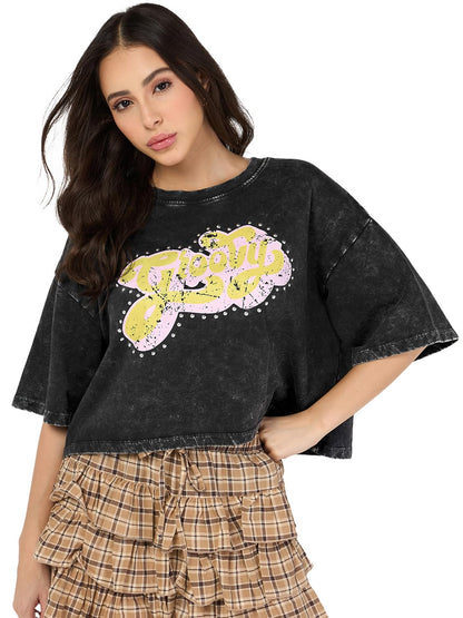 Bewakoof Heavy Duty 1.0 Womens Typography Oversized Fit Half Sleeve Round Neck Cotton Terry T-Shirt_683796_Grey_M