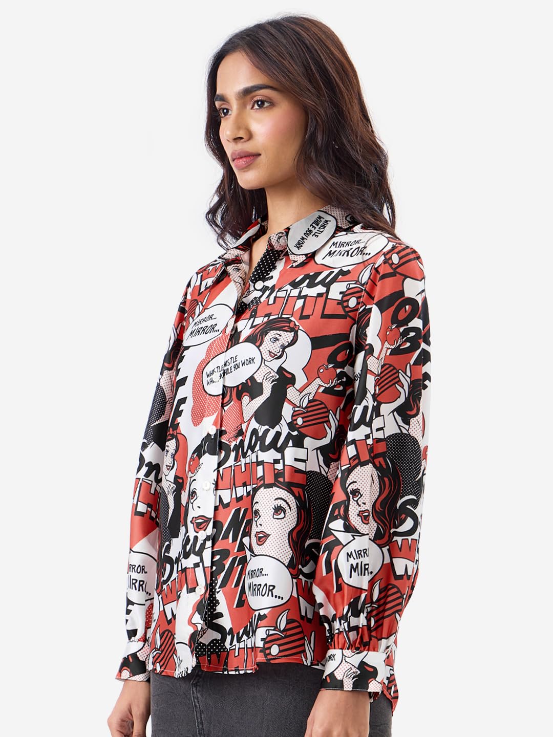 The Souled Store Official Snow White Women and Girls Ballon Sleeve Collared Neck Button Front Multicolor All Over Print Regular