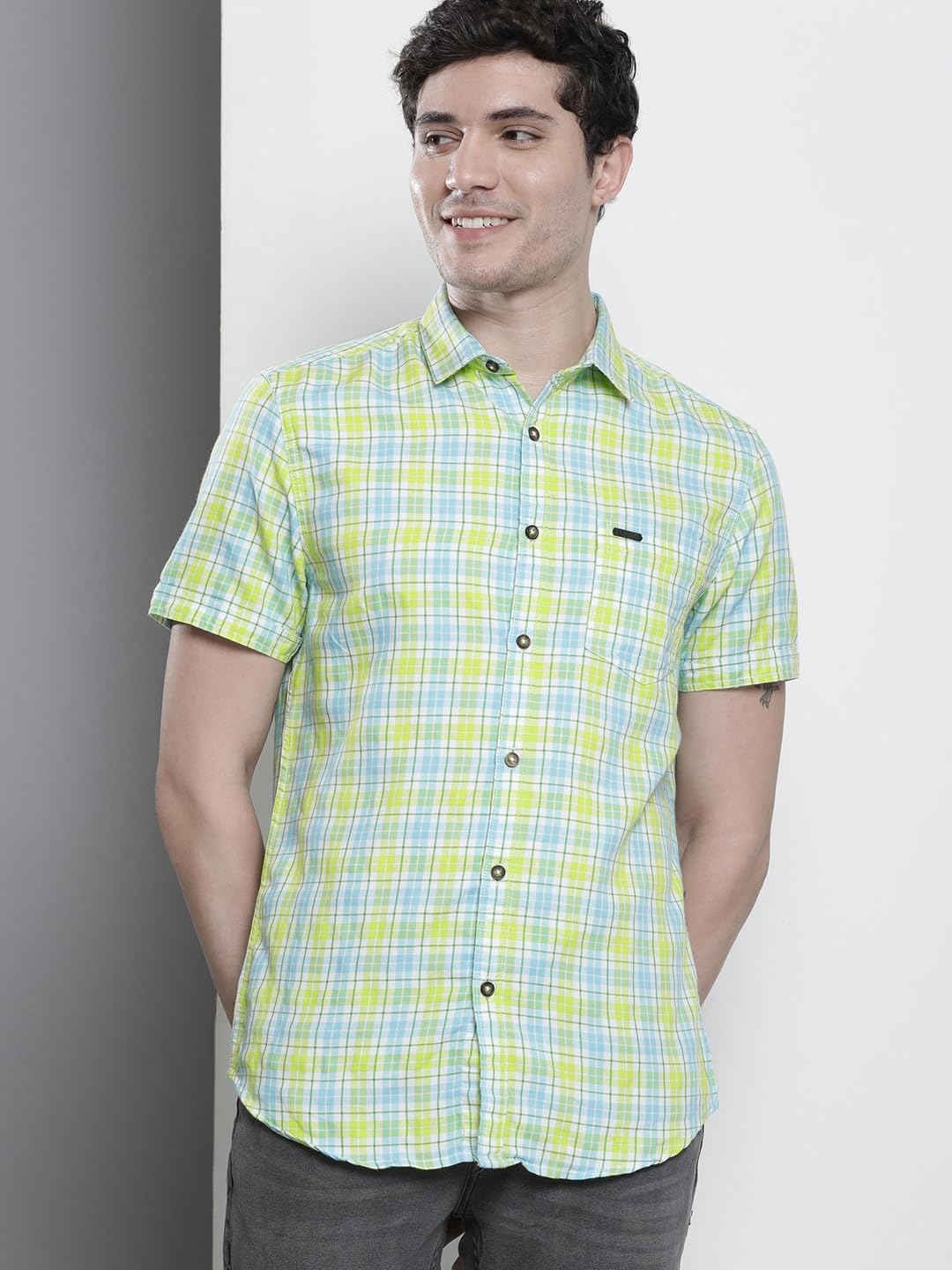 The Indian Garage Co Men Green & Blue Checkered Slim Fit Casual Shirt