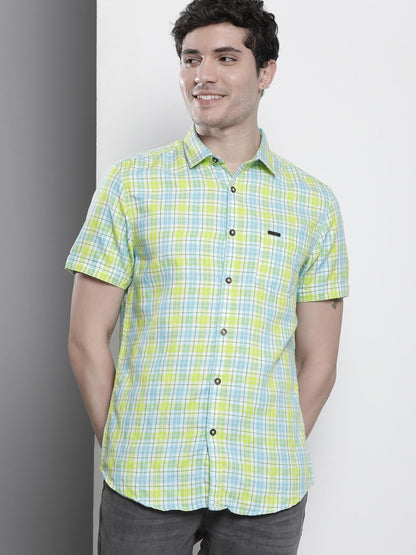 The Indian Garage Co Men Green & Blue Checkered Slim Fit Casual Shirt