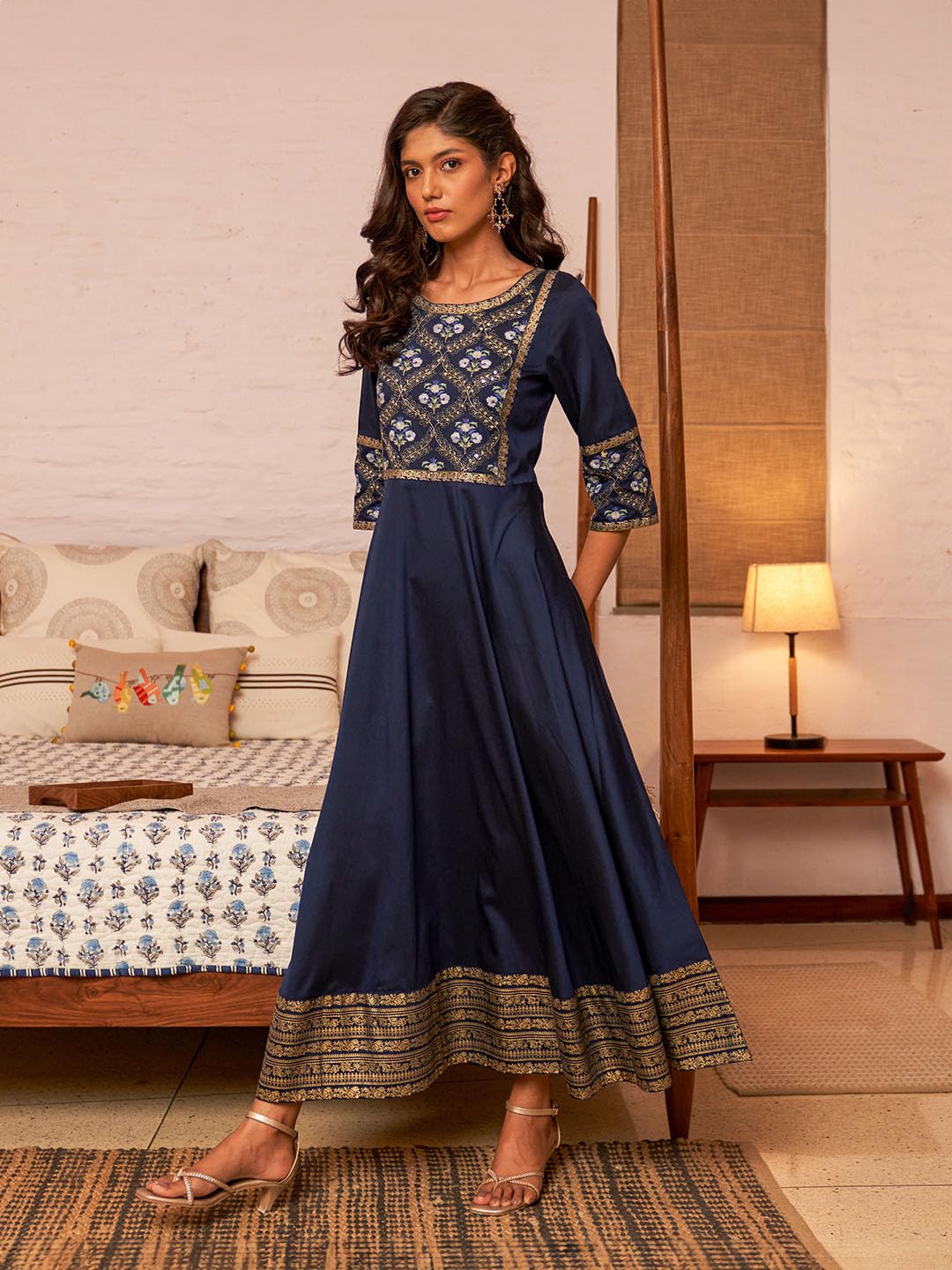 W For Woman WomenS Polyester Blue Panelled Embroidered Festive Dress Ankle Length 23Auw10290-220805