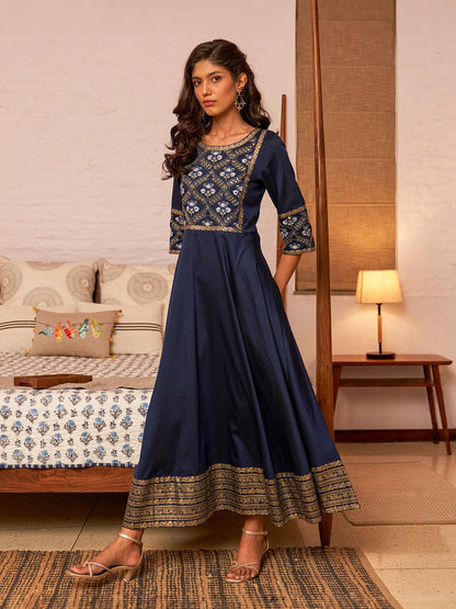 W For Woman WomenS Polyester Blue Panelled Embroidered Festive Dress Ankle Length 23Auw10290-220805