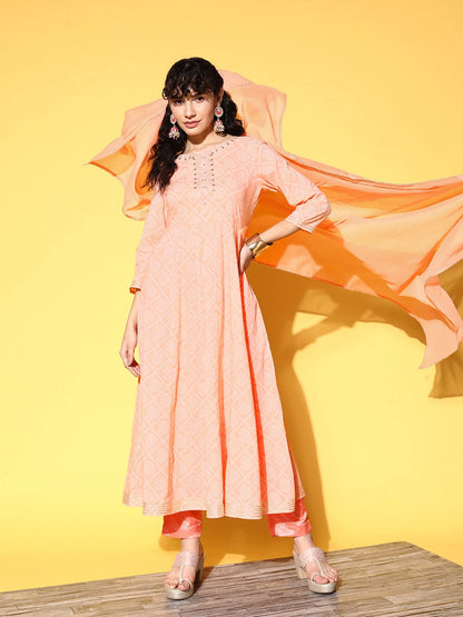 Ishin WomenS Cotton Blend Peach Embroidered Anarkali Kurta With Dupatta
