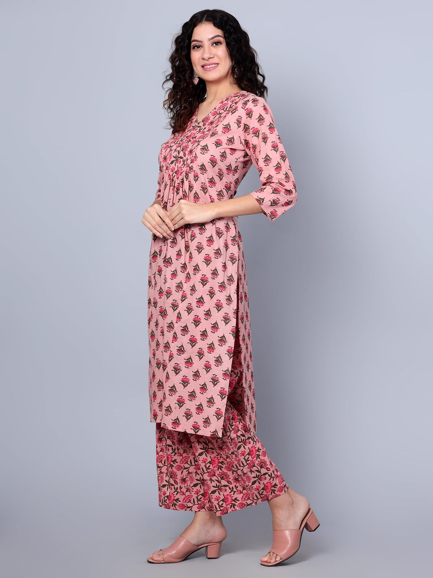 Idalia Light Green, White, Pink Floral Printed Cotton Kurta With Pant Set - Perfect Ethnic Dress For Women