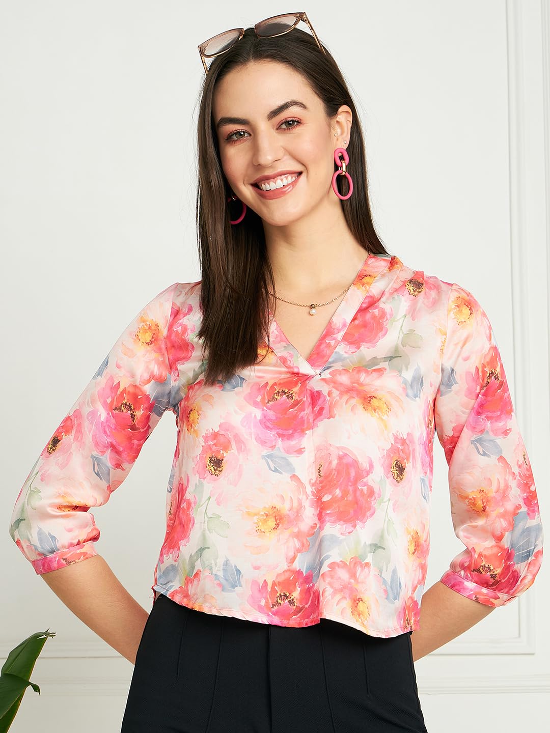 Modeve Women Pink V Neck Top For Summer