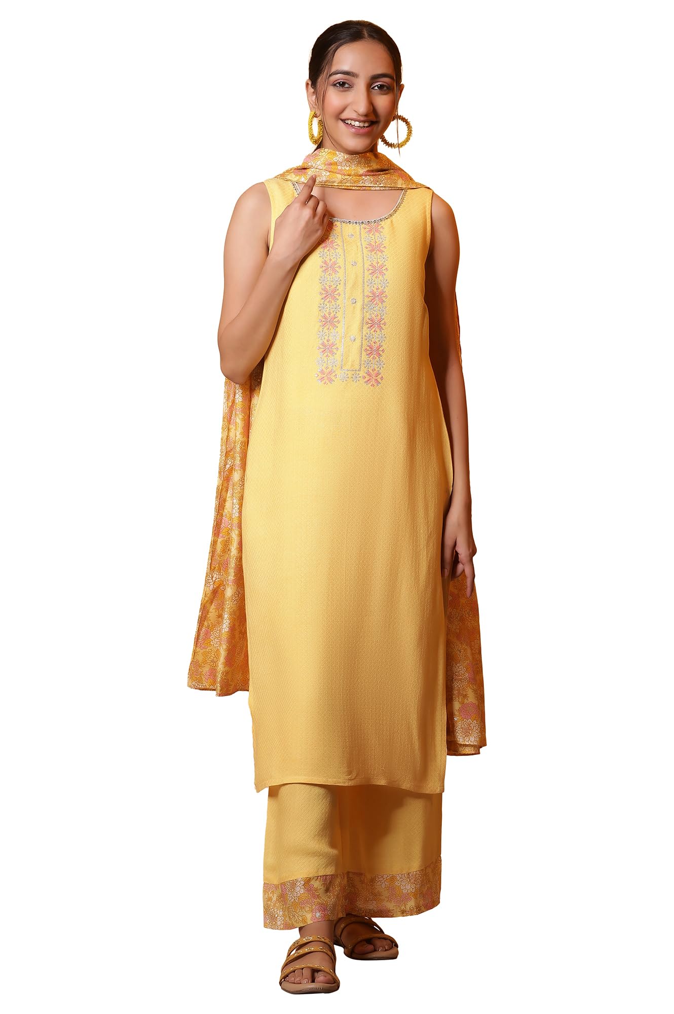 Aurelia Women's Solid Rayon Kurta Set with Palazzos & Dupatta