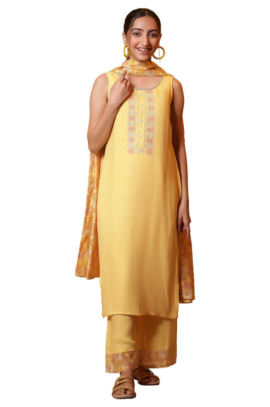 Aurelia Women's Solid Rayon Kurta Set with Palazzos & Dupatta