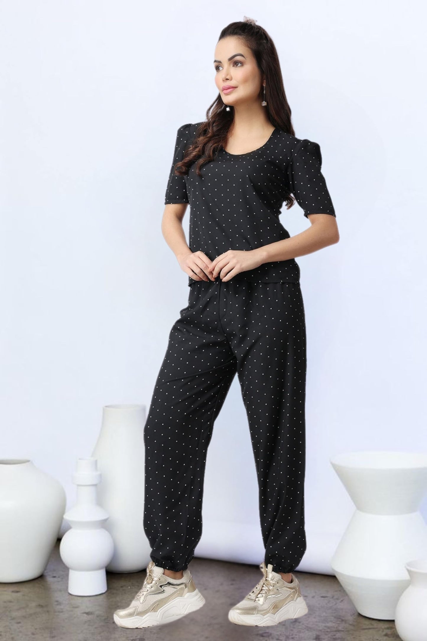 POPWINGS Casual Printed Top and Joggers Set for Women || Stylish Summer Co-Ords Set for Women || Round-Neck Top and Joggers Comb