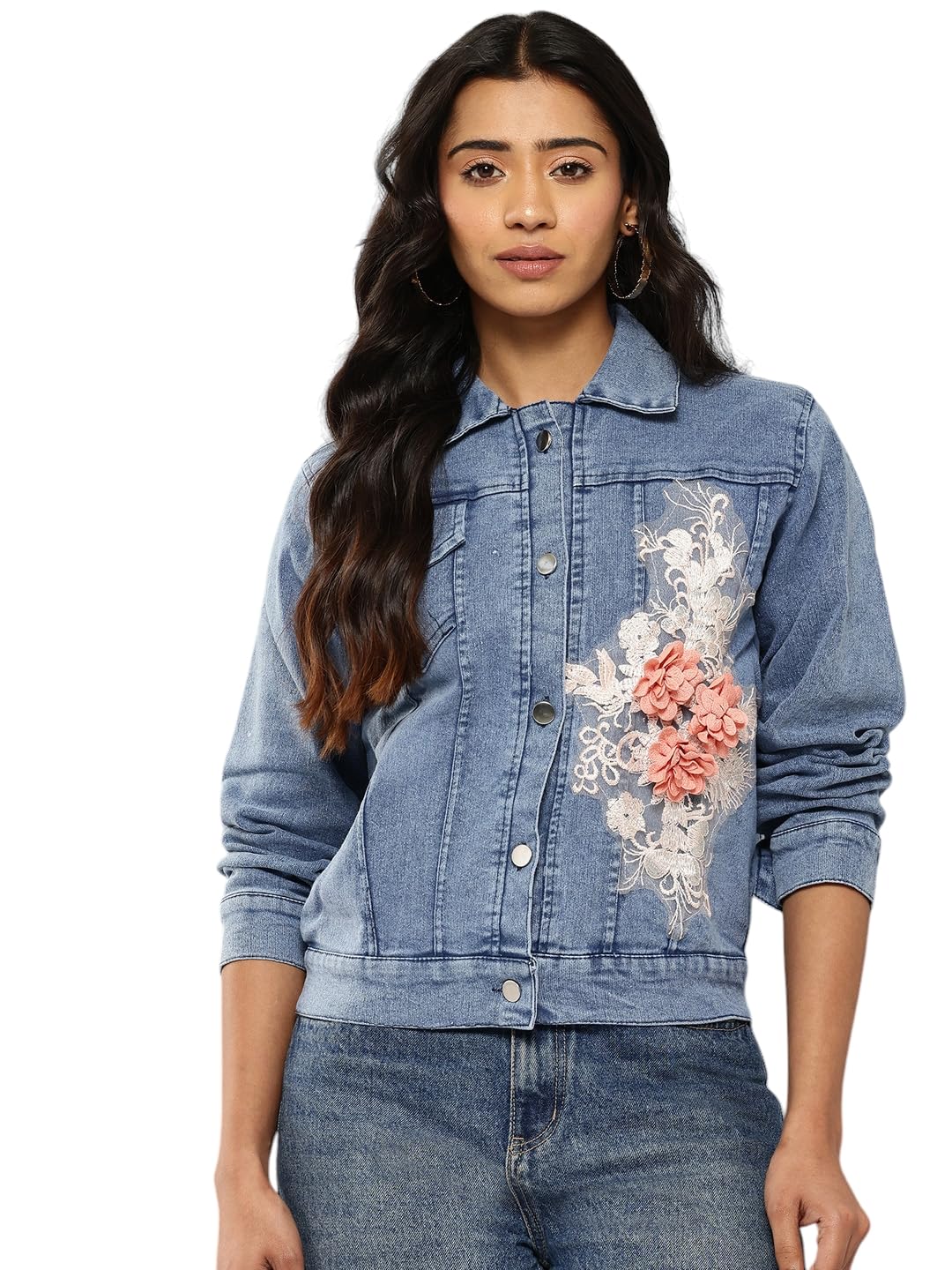 Aarika Womens Floral Work Blue Color Denim Jacket (Dn-W-113-Blue-M)