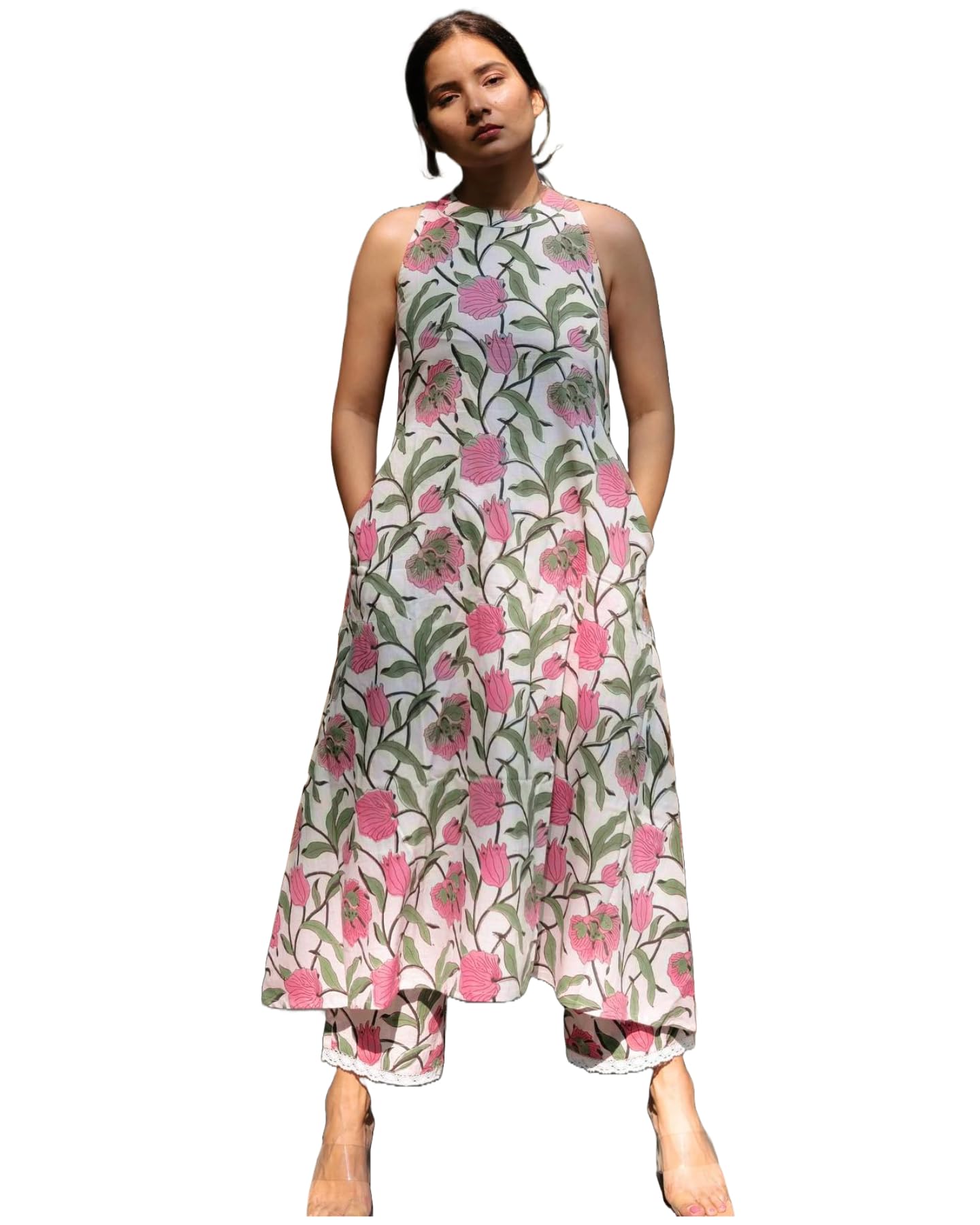 ANNI DESIGNER Womens Rayon Blend Straight Block Printed Kurta with Pant (GULBAGH Multi_M_White_Medium)