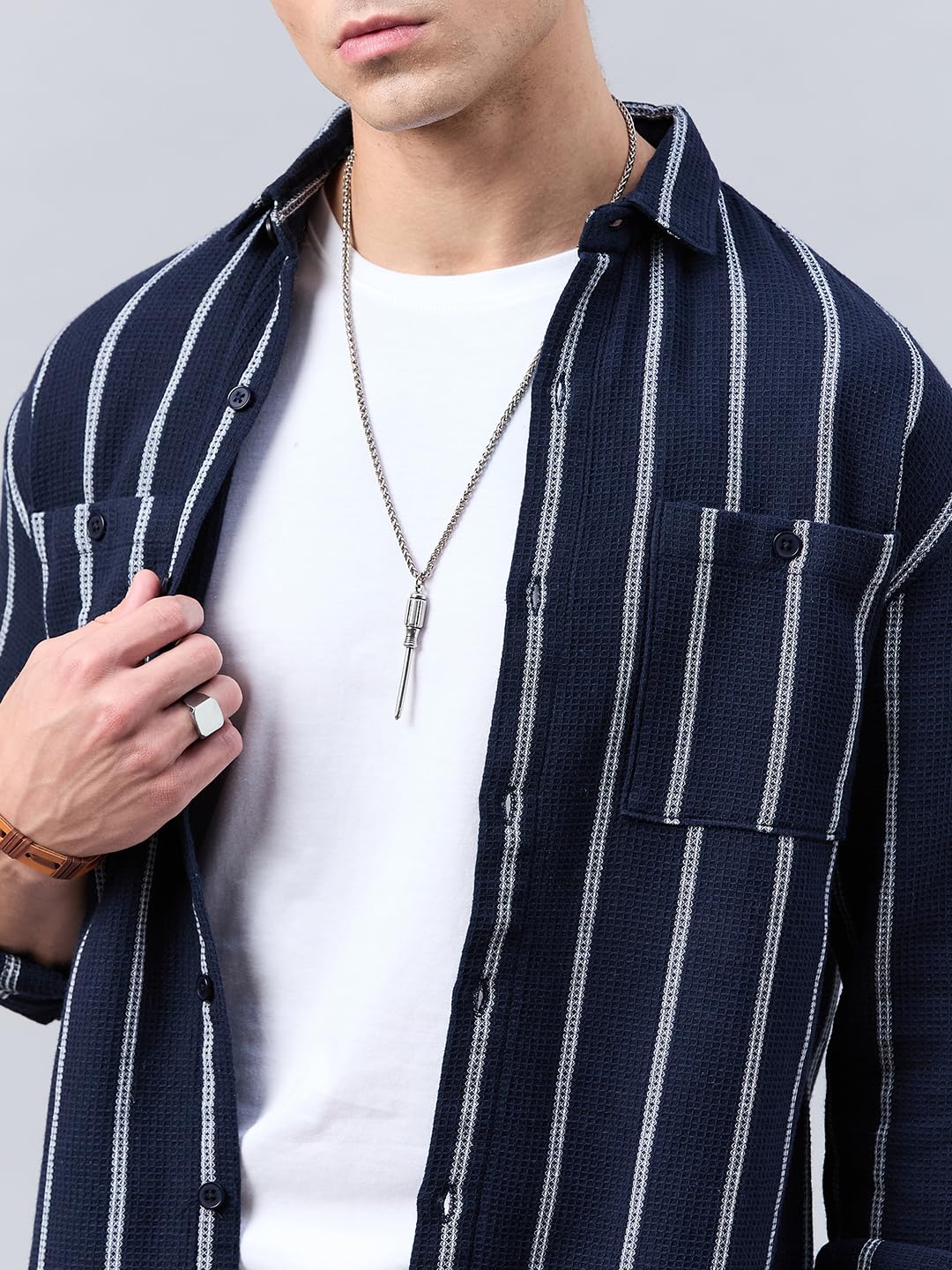 Style Quotient Men Navy Stripe Textured Solid Shirt