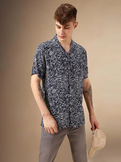 Dennis Lingo Men Navy Blue Rayon Half Sleeve Cuban Collar Aop Shirts_Dlmshmjj24003