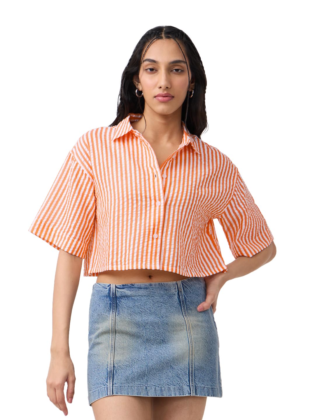 The Souled Store Tangerine Women and Girls Short Sleeves Collared Neck Button Front Striped Cotton Oversized Cropped Shirts