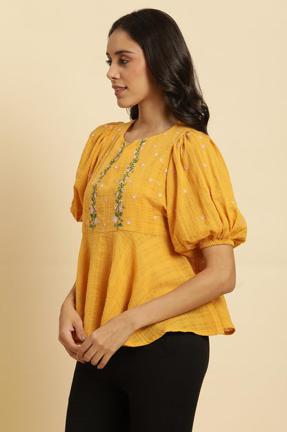 W Yellow Cotton Embroidered Peplum Top for Women