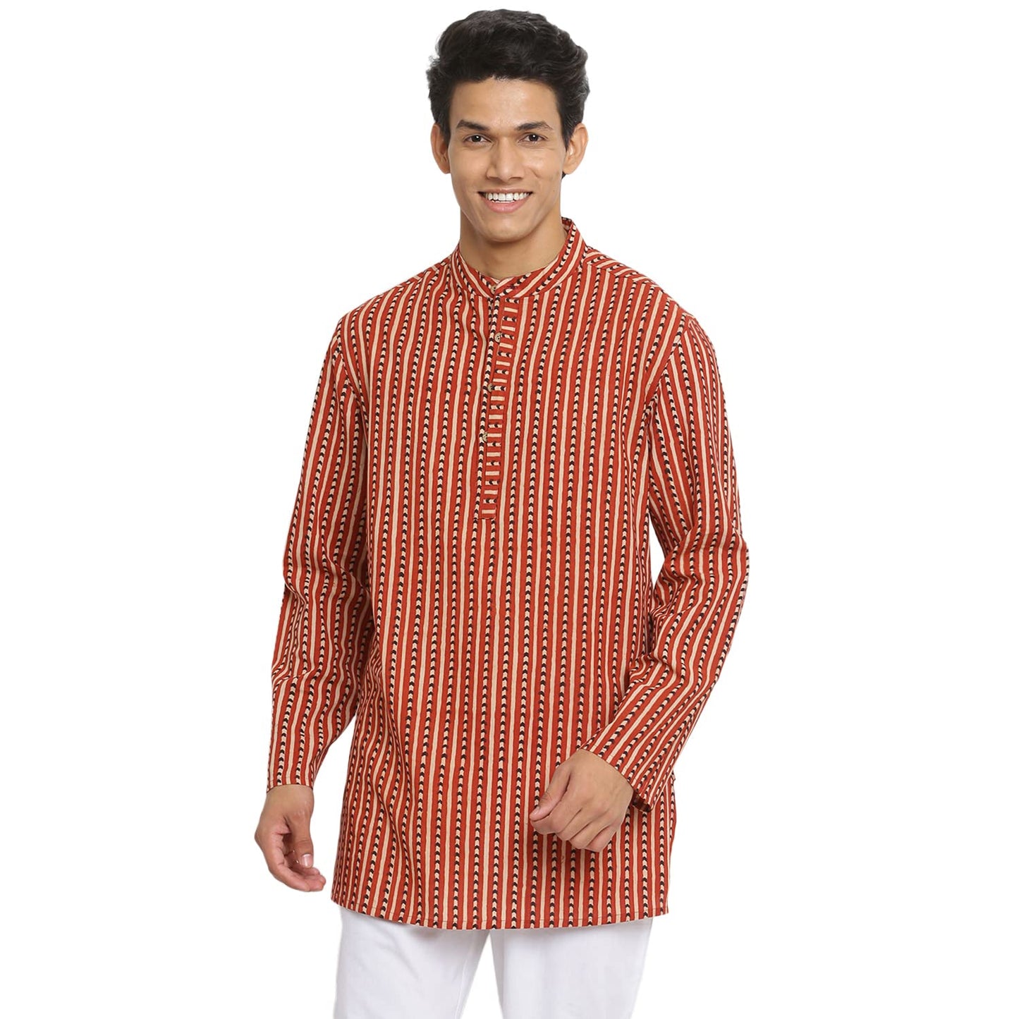 Fabindia Men Collar Cotton Cambric Short Hand Block Print Kurta Chinese_Xs