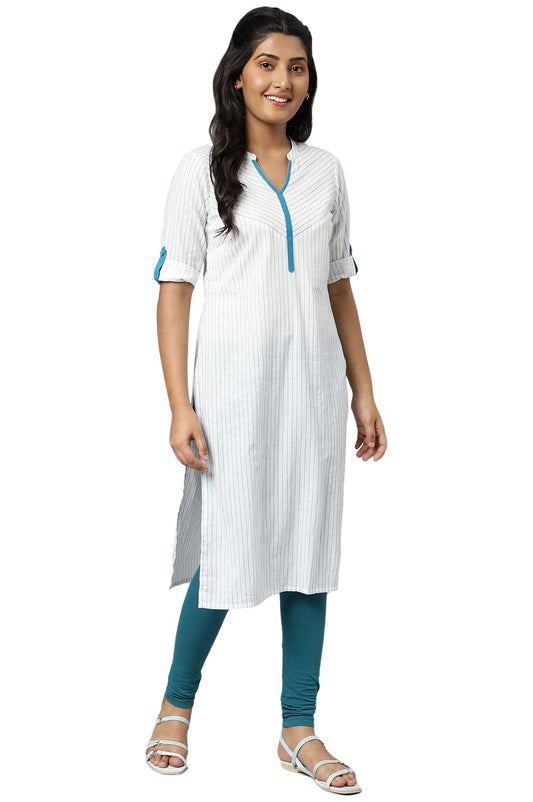 Aurelia White Striped Cotton Regular Kurta For Women