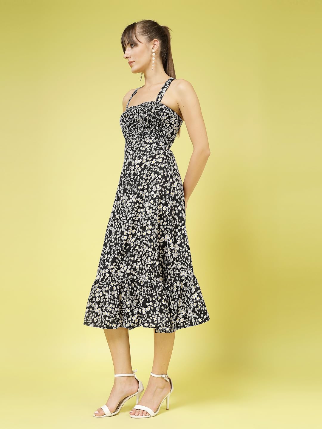Oomph! WomenS Western & Fusion Wear Printed Crepe Dress For Women, Smocked Bodice, Black - Md1031