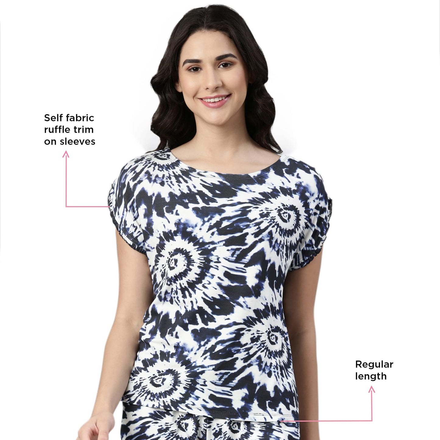 Enamor EC14 Tie & Dye Printed Home Tee and Shorts Set for Women with Ruffled Trim