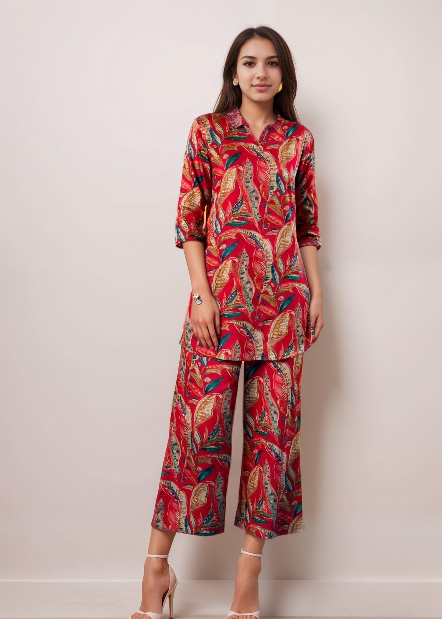 SMOWKLY Womens Printed Rayon Slub Mid Thighs Short Kurti With Relaxed Fit Pant Sylish Co-Ords Set || Trendy 3/4 Sleeve Kurta &