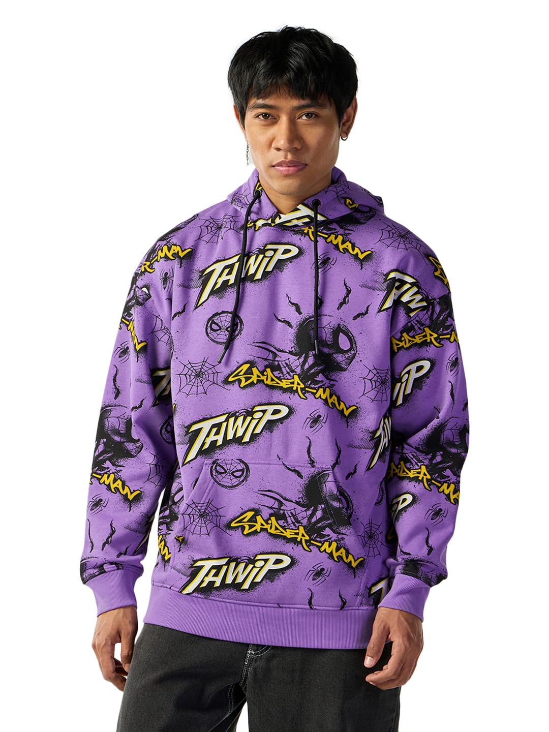 Bewakoof Heavy Duty 1.0 Official Marvel Merchandise Spider-Man Mens All Over Printed Oversized Fit Full Sleeve Fleece Blend Hoo
