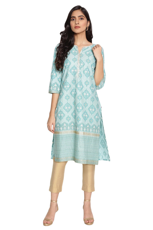 W for Woman Women's Cotton Straight Fit Zari Embroidered A-Line Straight Kurta