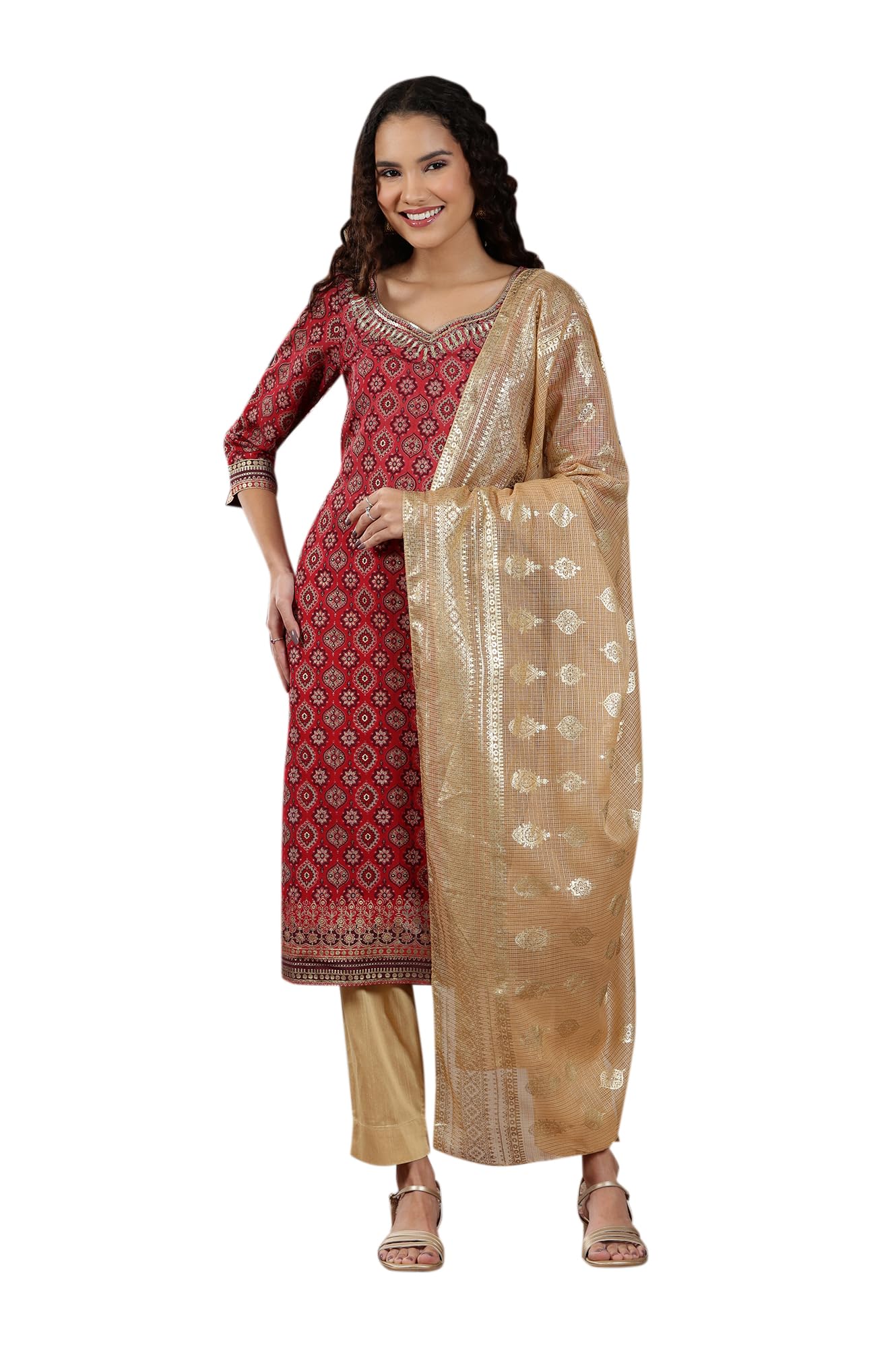 Aurelia Women's Gold Kota Doria Dupatta with Floral Motifs