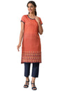 Orange Floral Printed High-Low Kurta With Blue Trousers