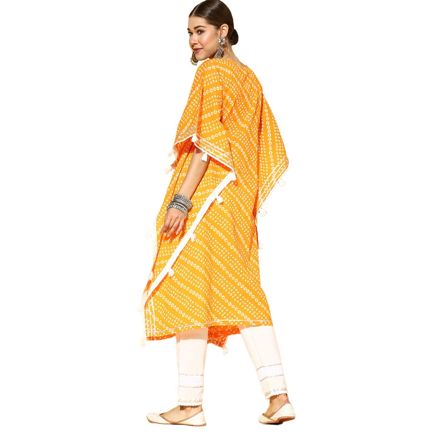 ishin Women's Pure Cotton Kaftan Embroidered Zari Bandhani print Yellow Kurta suit set with Trouser