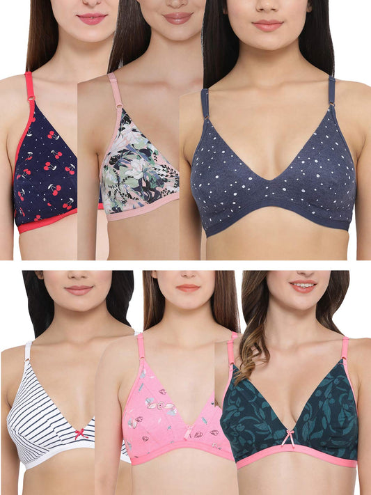 Clovia Womens Pack of 6 Cotton Non-Padded Non-Wired T-Shirt Bra (COMBRC715_Multicolored_32B) (Print and Color May Vary)