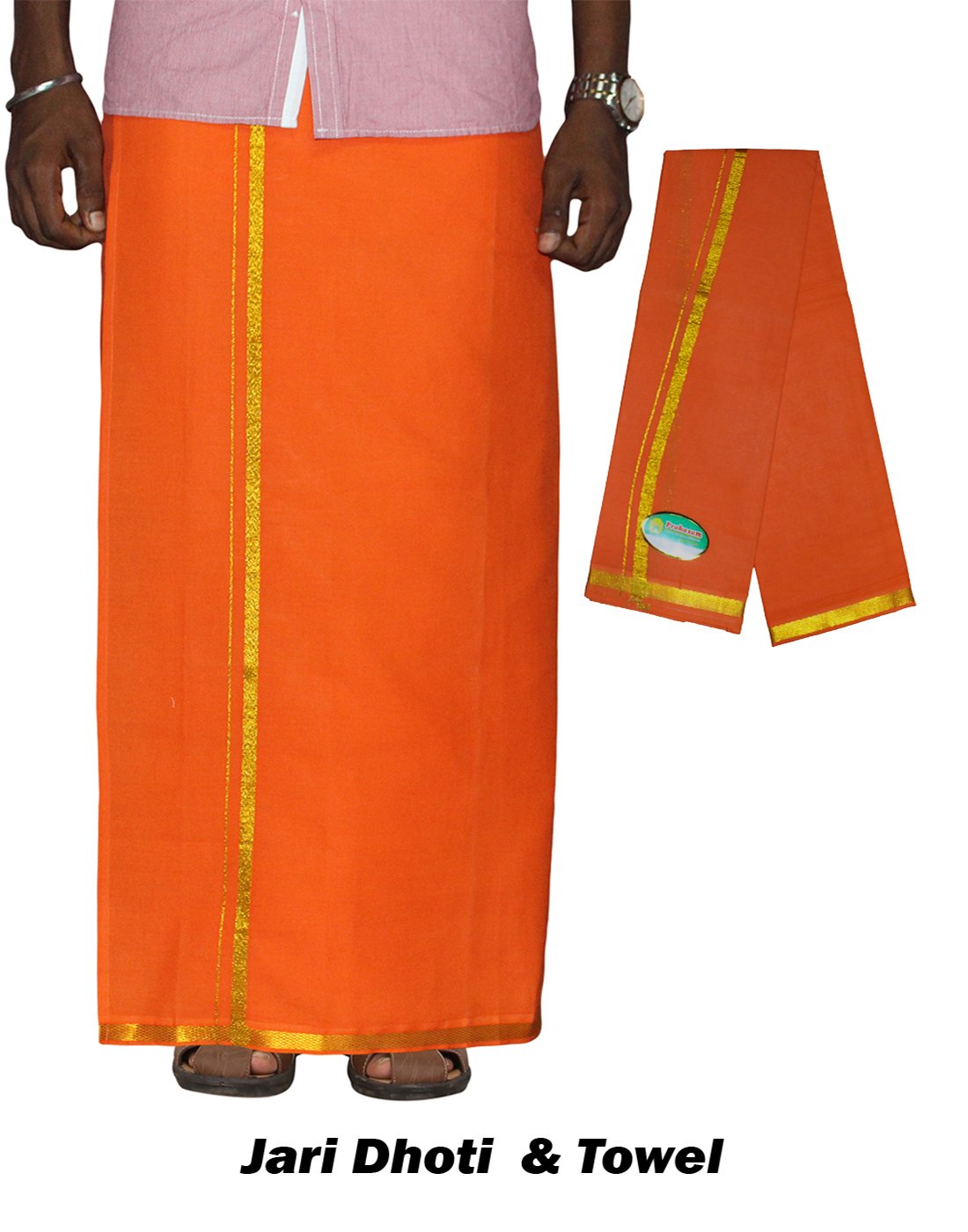 Prakasam Cotton MenS Single Orange Colour Welcro Stitched Pocket Jari Dhoti With Matching Gold Jari Towel