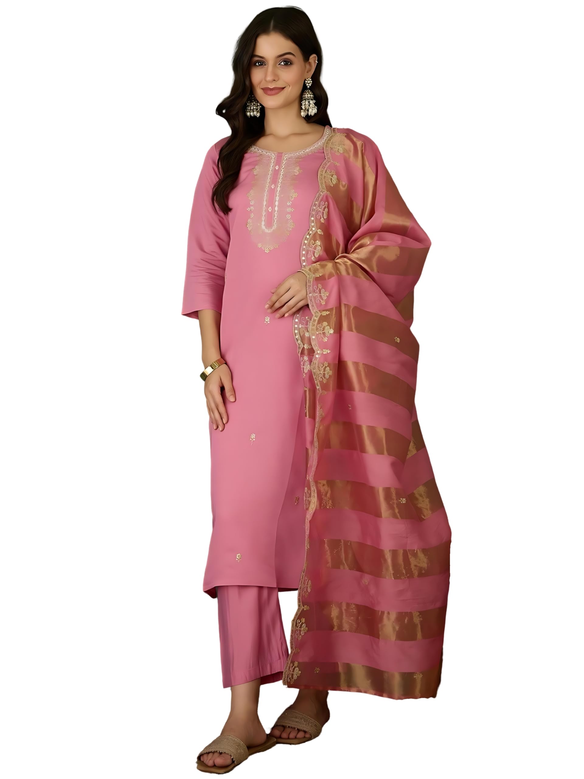 Naixa WomenS Cotton Blend Embroidered Straight Kurta With Pant And Dupatta Sets For Wedding Party And Festival Wear (Nx-768-Pin