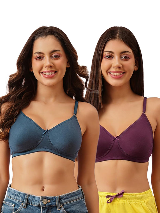 Clovia Womens Cotton Pack of 2 Non-Padded Non-Wired Full Coverage T-Shirt Bra (COMBOBR62_Multicolor_32B)