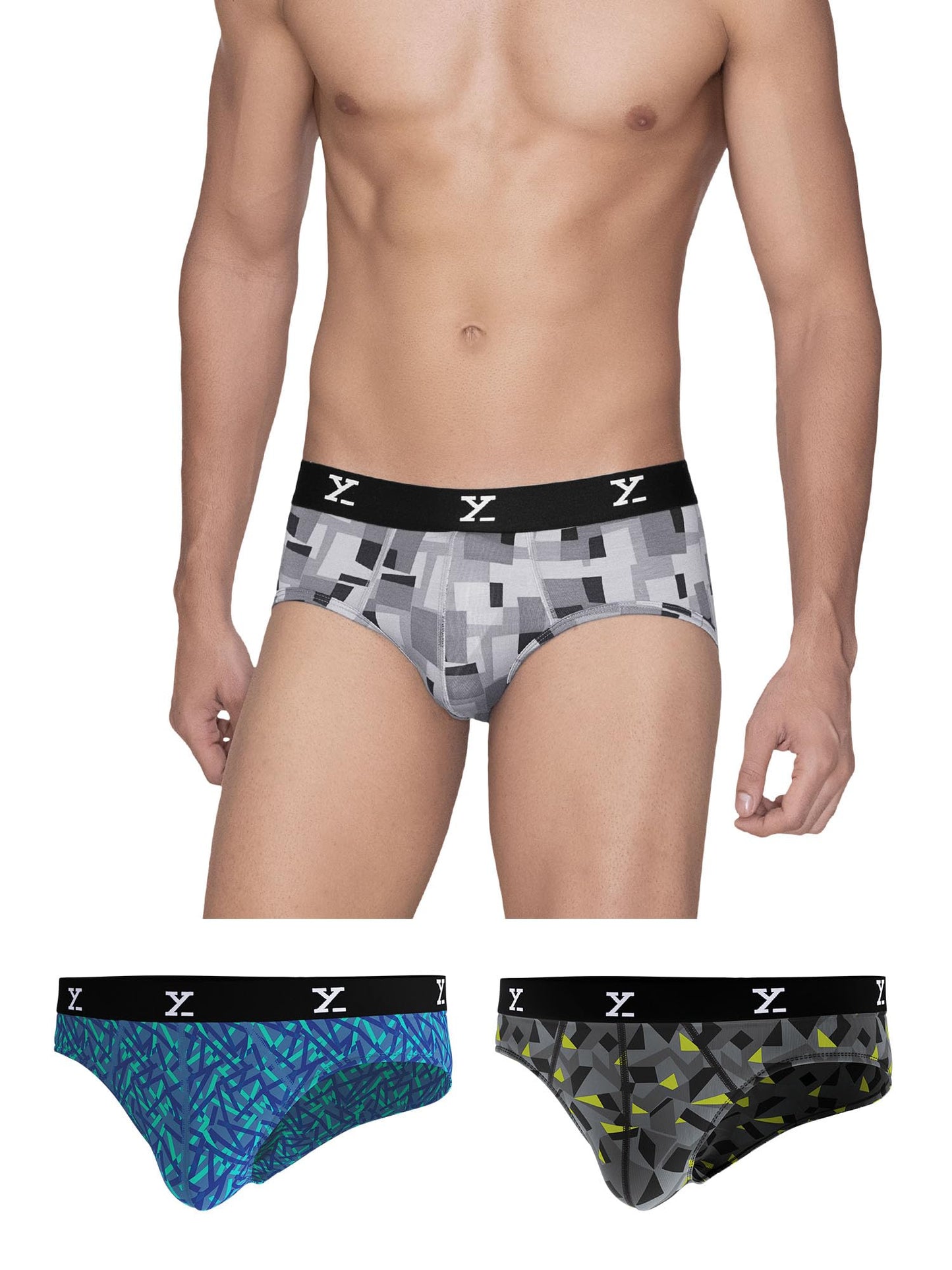 XYXX Mens Modal Slim Geometric Briefs (Pack of 3) (XY_R5_BRF_03_Boxy Prism Grey + Aqua Strokes