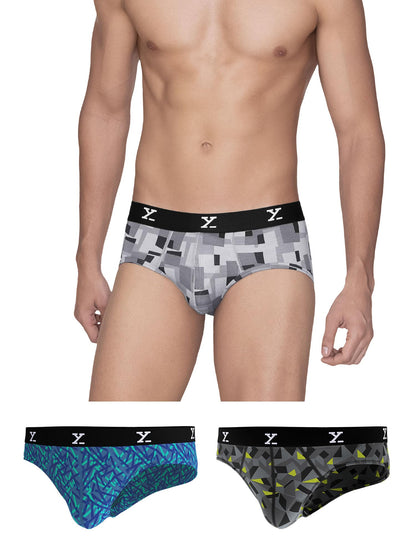 XYXX Mens Modal Slim Geometric Briefs (Pack of 3) (XY_R5_BRF_03_Boxy Prism Grey + Aqua Strokes