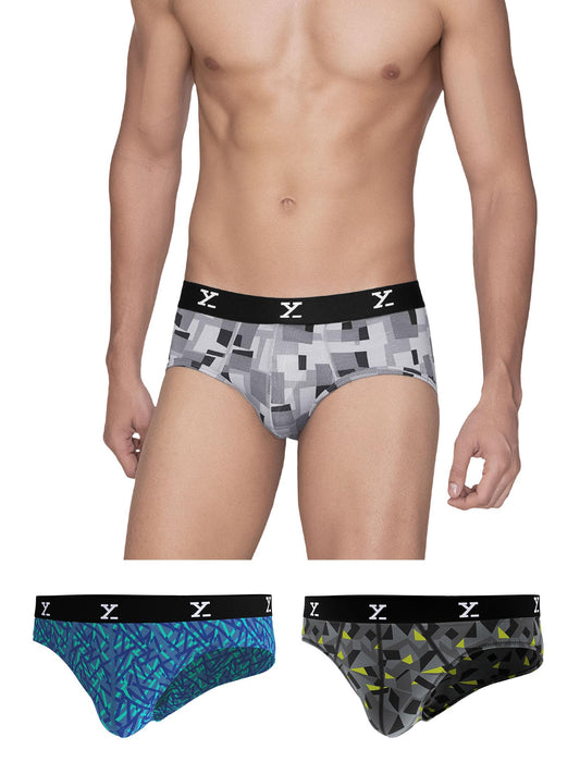 XYXX Mens Modal Slim Geometric Briefs (Pack of 3) (XY_R5_BRF_03_Boxy Prism Grey + Aqua Strokes
