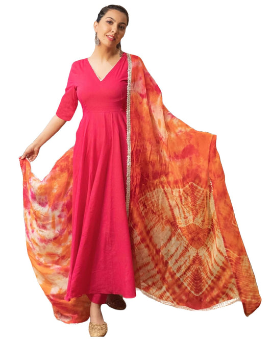 Gosriki WomenS Rayon Blend Anarkali Solid Kurta With Pant & Dupatta (Bette Pink-Gs_Xl_Pink_X-Large)
