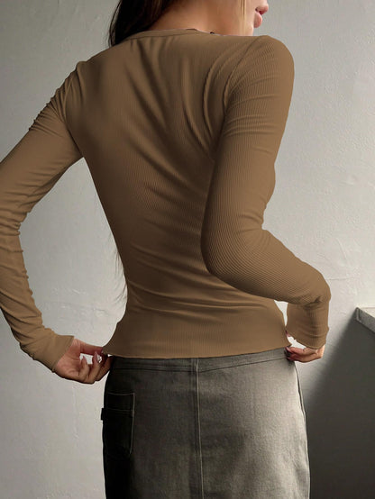 Shasmi Womens & Girls Brown Long Sleeve Round Neck Solid Color Ruched Workwear Casual Top Half Button Down Henley T-Shirt for