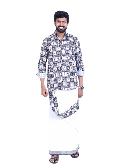 Prakasam Cotton Mens Colour Onam Special Printed Full Sleeve Slim Fit Multi Colour Shirt Matching With Border Single Dhoties For