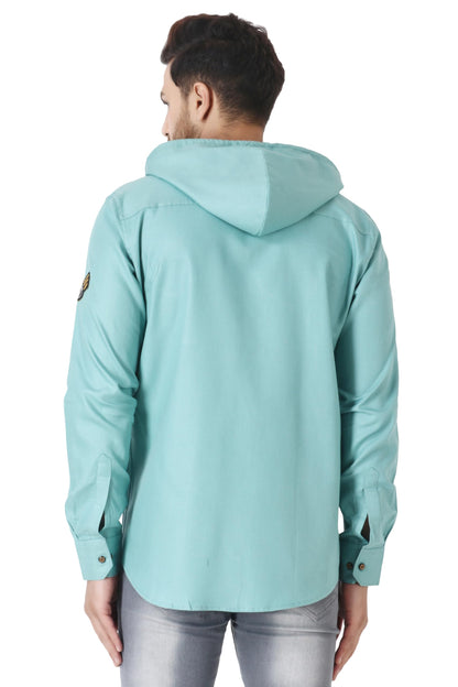 Besix MenS Green Tailored Fit Cotton Blend Shirt For Man With Hoodie - Casual Long Sleeve Shirt With Pockets - Patch Detail For