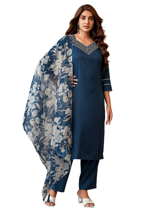 Sanisa Women's Cotton Blend Sequence Embroidery Straight Kurta with Pant and Dupatta Set