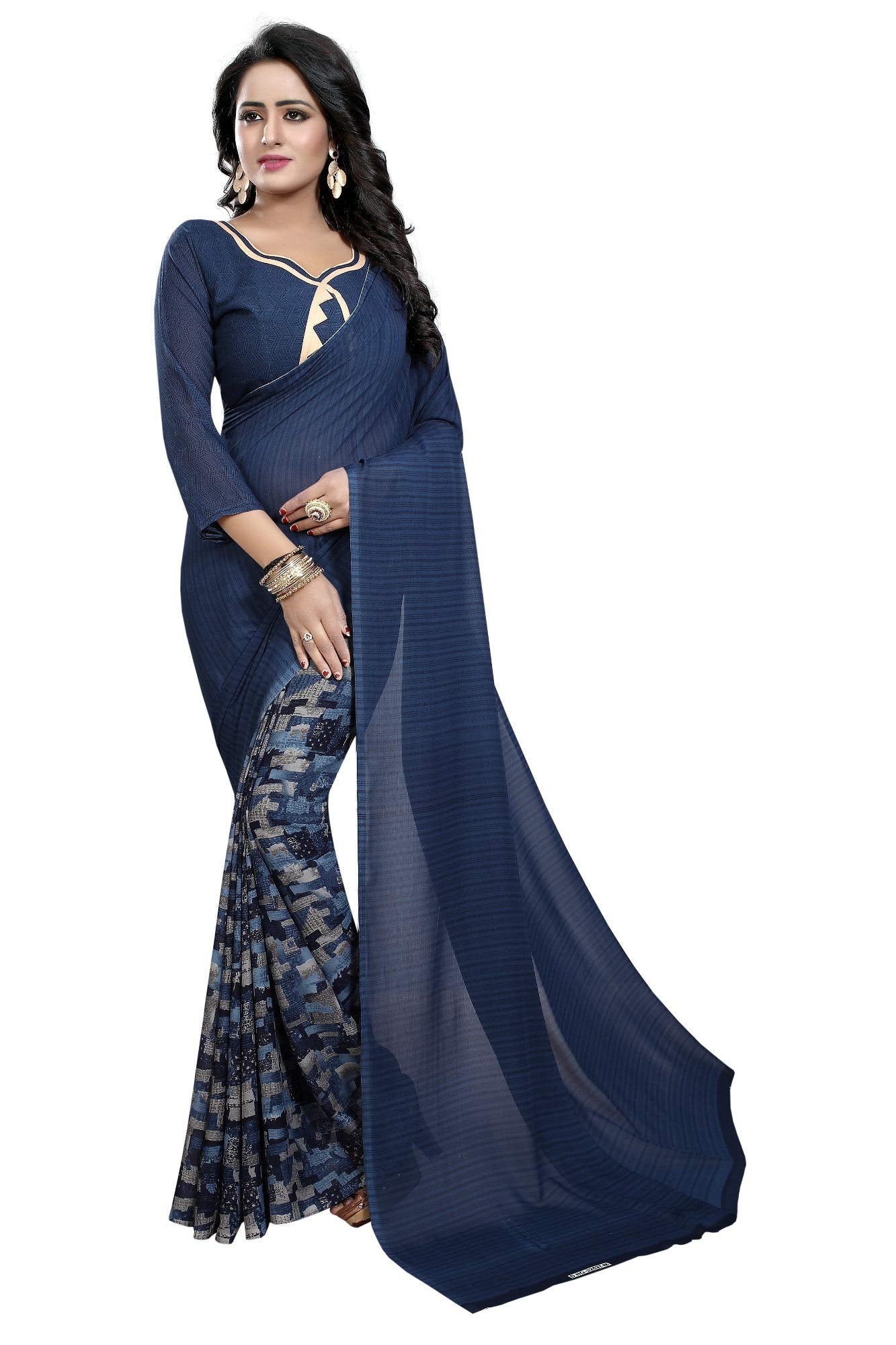 ANNI DESIGNER Womens Dark Blue Color Georgette Ethnic Printed Tassels Border Saree with Blouse Piece(HALF INK SSC_Dark Blue_Fre