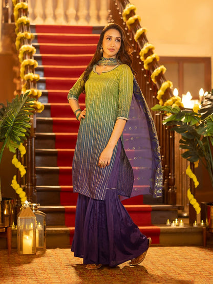 Purple Linen Ombre Festive Short Kurta, Sharara And Dupatta Set
